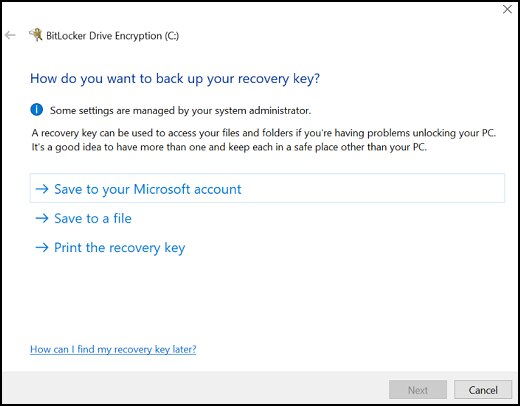 Selecting an option to back up your recovery key