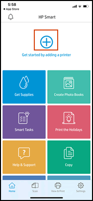 Tocar el signo más para agregar una impresora a la aplicación HP Smart