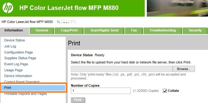 HP Enterprise printers - Print option is missing on the Information tab in  the Embedded Web Server | HP® Customer Support
