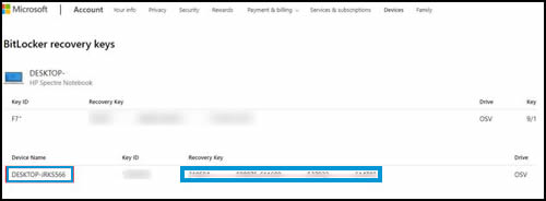 Example of the recovery key in a Microsoft account