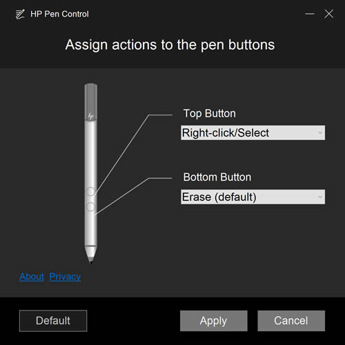 Active Pen settings, showing the default button selections
