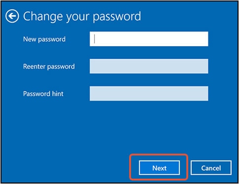 Clicking Next with all fields empty in the Change your password window