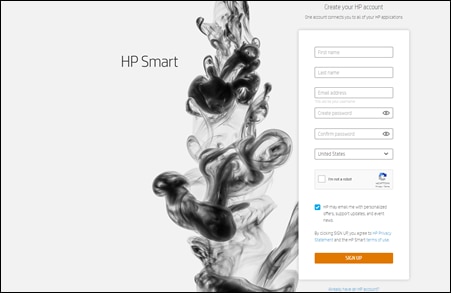 Página Web de HP Smart para crear la pantalla de su cuenta HP