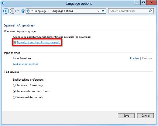 Imagen de la ventana Opciones de idioma presentando un paquete de idioma disponible para su descarga
