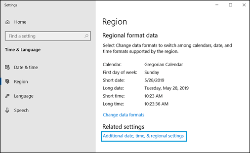 Clicking Additional date, time, & regional settings