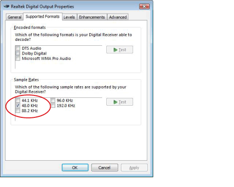 Supported Formats settings in the Realtek Digital Output Properties window