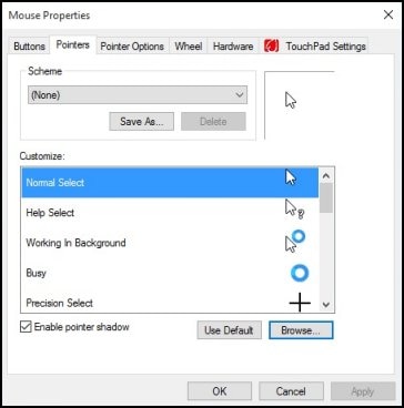 마우스 속성의 사용자 지정 옵션