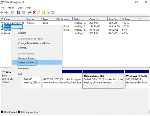 Selecting a drive and deleting the partition or volume