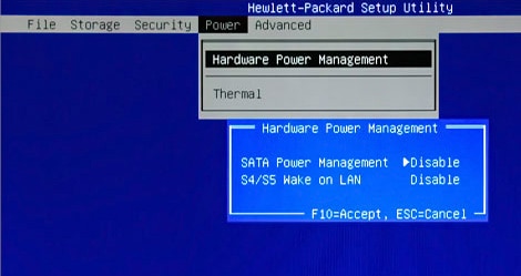 Image of Power tab with SATA Power Management disabled
