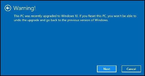 Aviso, não será possível voltar para uma versão anterior do Windows se você continuar