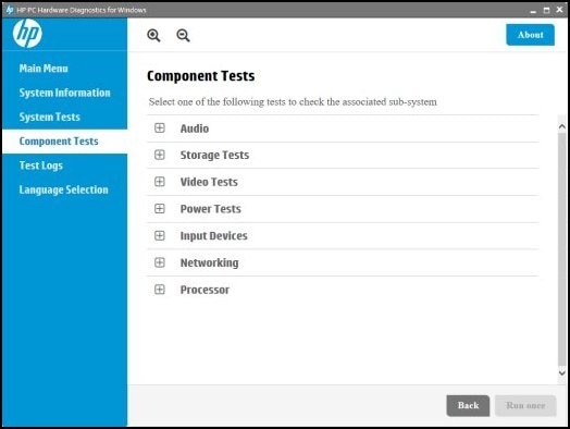 Component tests menu
