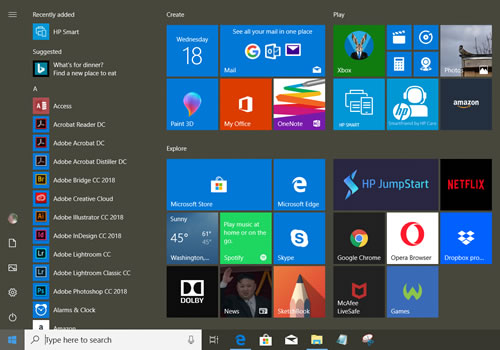 Tela inicial do Windows 10 na tela de modo parcial