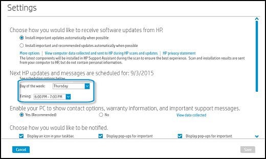 HP Support Assistant montrant la planification des messages et des mises à jour