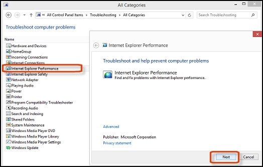 Running the IE performance troubleshooter