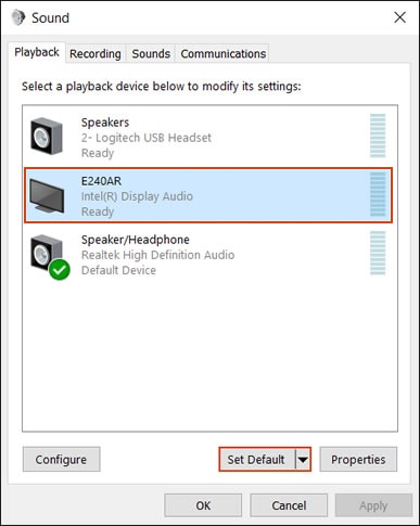 Setting output device connected with the HDMI cable as the default device