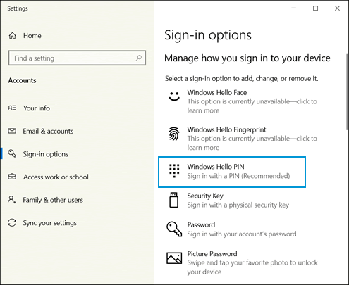 Selezione dell’opzione PIN di Windows Hello nella schermata Opzioni di accesso