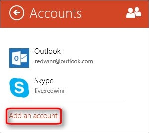 The Add an account link, encircled in red, in accounts settings in the people app