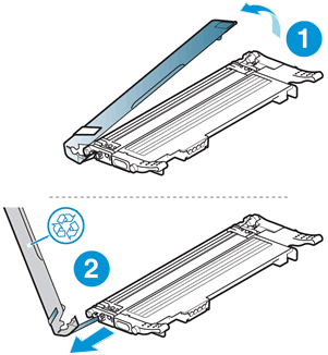 Remover a tampa e a fita de vedação do cartucho de toner.