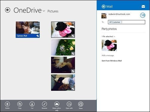 A picture being shared in OneDrive using email