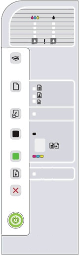 Ilustração do painel de controle com a luz do botão Liga/Desliga acesa e todas as outras luzes apagadas