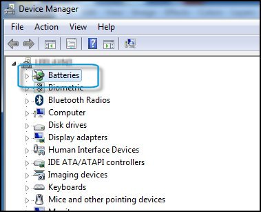 Device Manager with Batteries highlighted