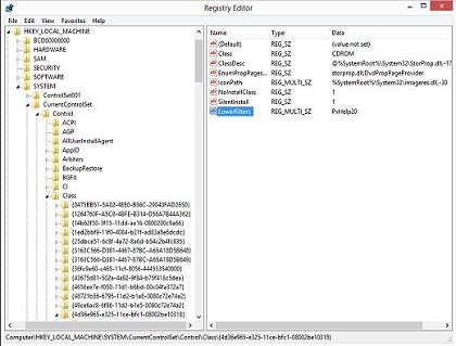 The Registry Editor with Lower Filters highlighted