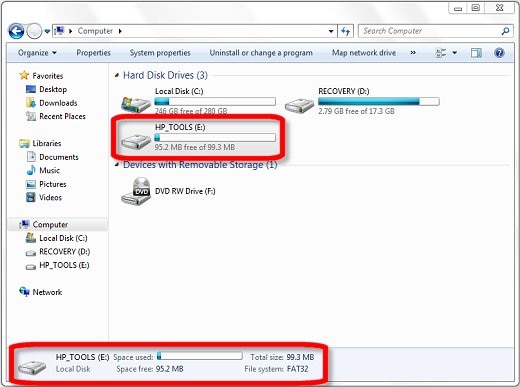 Пространство на диске HP_Tools (E:) вид окна "Проводник"