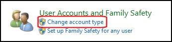 User Accounts and Family Safety with Change account type selected