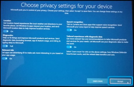 Choose privacy settings for your device screen with Accept selected