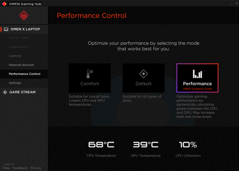 Performance Control screen set on Performance