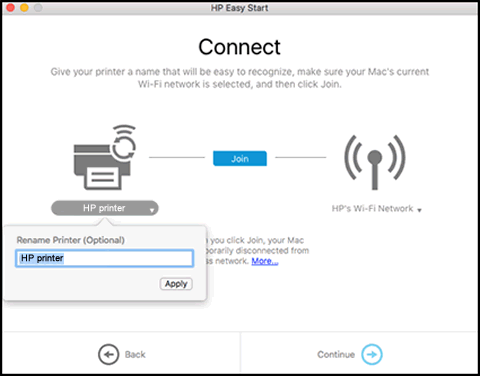 La pantalla Conectar con el botón Unirse y la opción de cambiar el nombre de la impresora