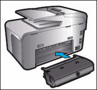 Ilustracja: Umieść moduł druku dwustronnego w obszarze dostępowym z tyłu urządzenia.