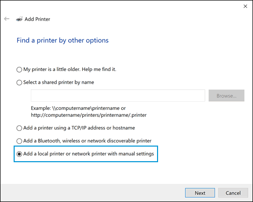 Selecting Add a printer using local or network printer with manual settings