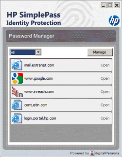 Image of the Password manager screen for HP SimplePass.