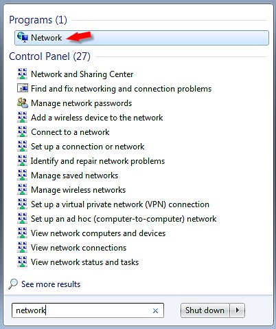 Opening Network from the Start menu