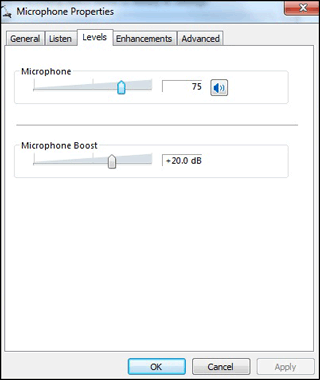Image of Microphone Properties window with Levels tab highlighted
