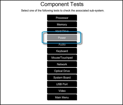 UEFI Component Tests menu with Power selected