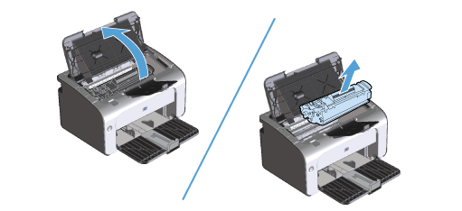 View of printer with arrow showing opening toner cartridge access door, and then removing toner cartridge