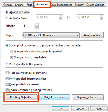 Click Printing Defaults on the Advanced tab in Printer Properties