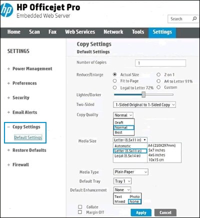 Copy settings in the HP Embedded Web Server
