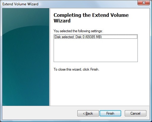 Completing the Extend Volume Wizard