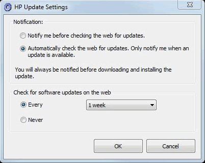 圖像： 示例：「HP Update 設定」視窗