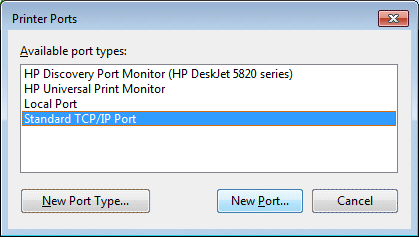  Printer Ports window with Standard TCP/IP Port Selected and the New Port button highlighted