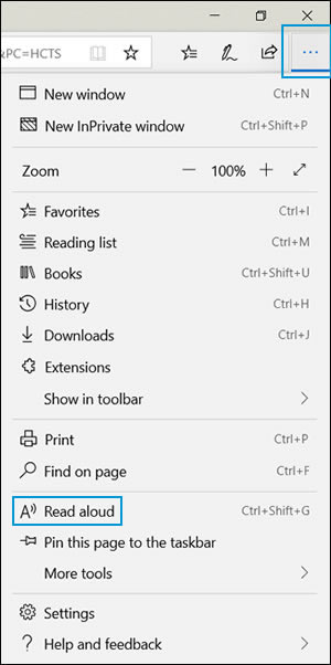 Selecting the Read aloud feature from the drop-down menu