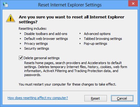 Janela Redefinir configurações do Internet Explorer