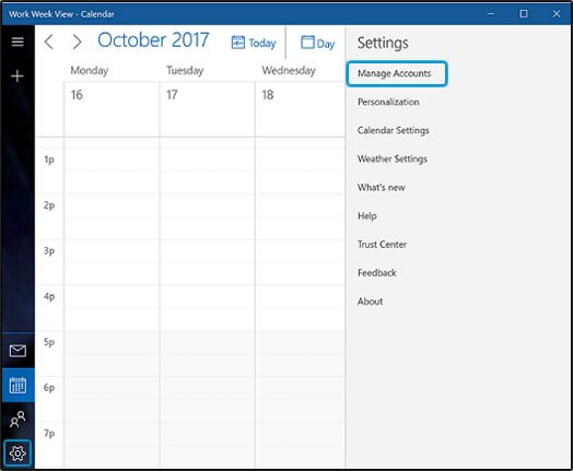 Opening Manage Accounts in the  Calendar settings