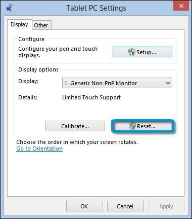 swipe Reset selection in the Tablet PC Settings window