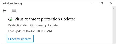 Virus & threat prtection updates screen with Check for updates