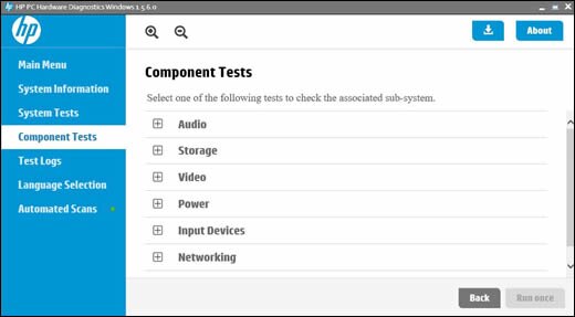 Component tests menu