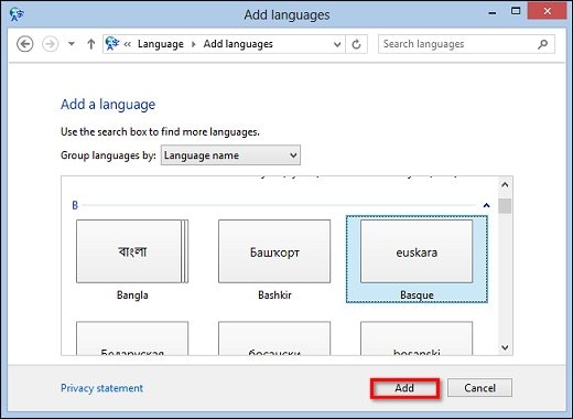 Imagen de la ventana Agregar un idioma con un idioma que no tiene variantes regionales seleccionado y el botón Agregar resaltado
